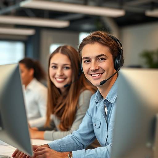 Equipo de soporte de Elocuencia Excepcional trabajando en sus computadoras, sonriendo y listos para ayudar a los clientes.