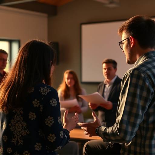Grupo de personas practicando discursos en un ambiente colaborativo y de apoyo durante un taller de oratoria.