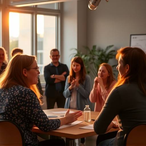 Grupo de personas practicando discursos en un ambiente colaborativo y de apoyo durante un taller de oratoria.